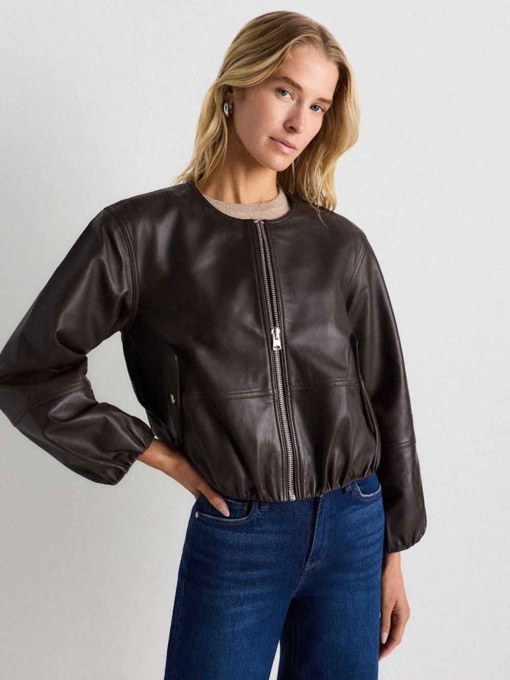 Collarless Cropped Bubble Hem Jacket